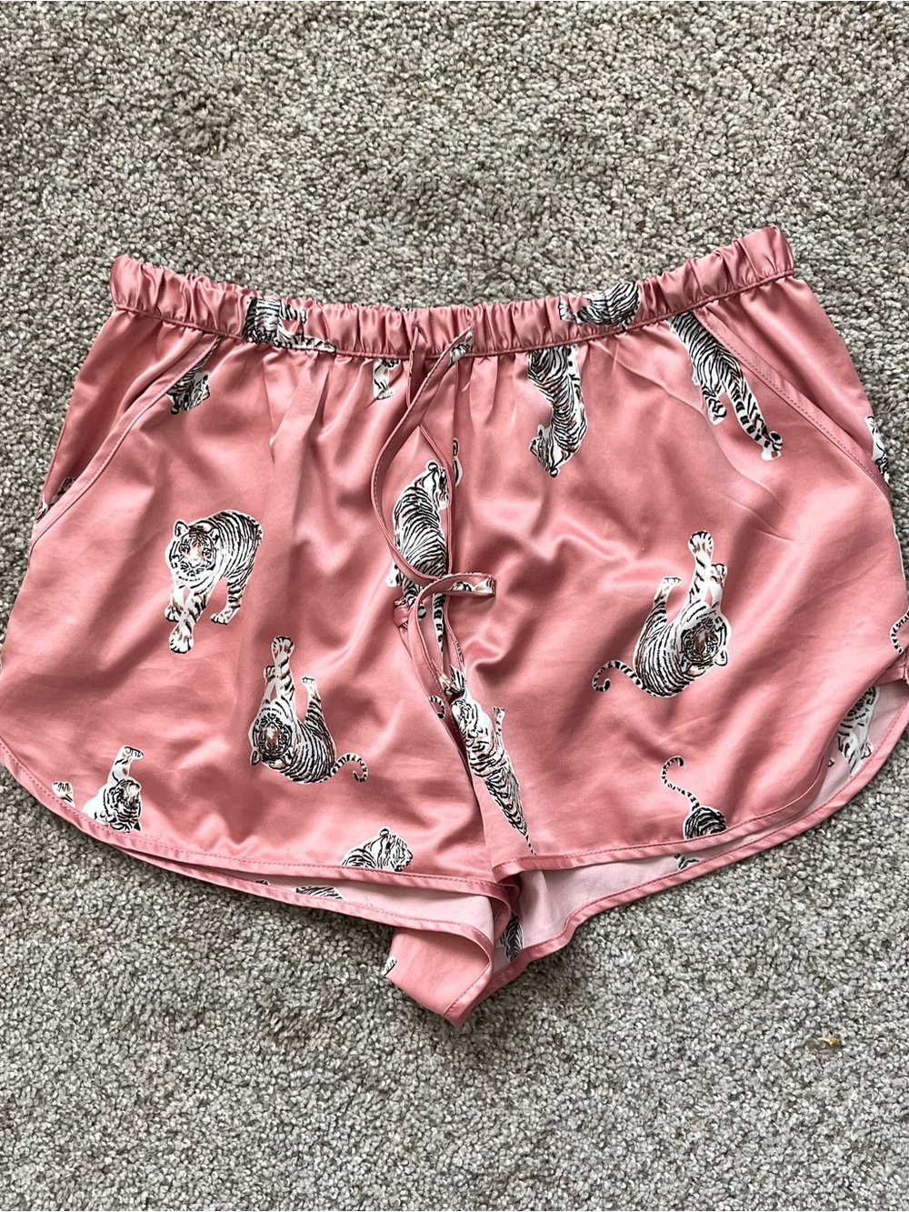 Women's Pink Satin Tiger-Print Athletic Shorts